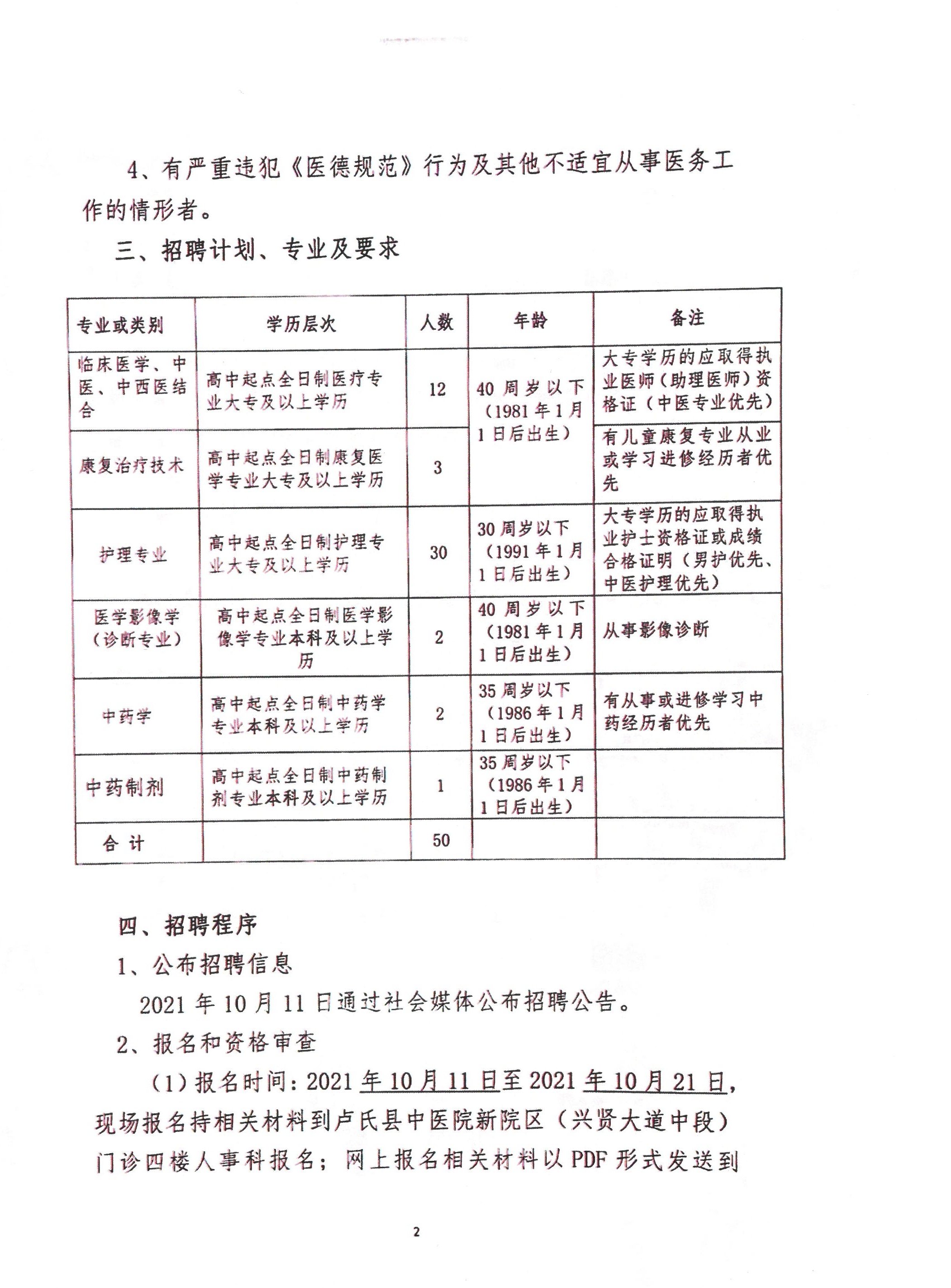 2021年河南三门峡市卢氏县中医院招聘50人公告